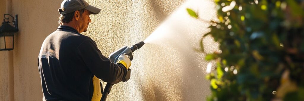 A man pressure washing stucco siding.